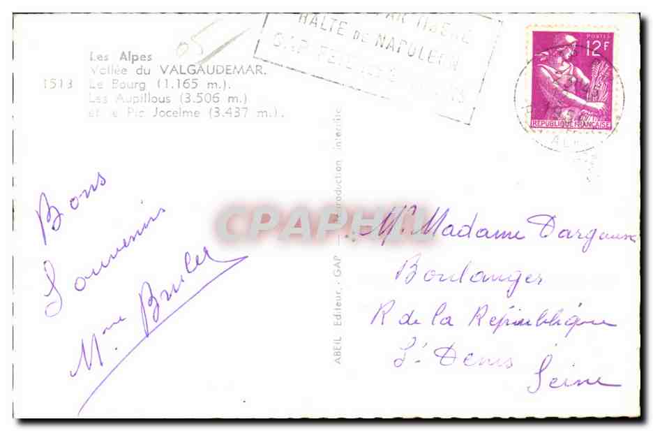 CPA Les Alpes Vallee du Valgaudemar Le bourg Les Aupillous et le pic Jocelme — Rückseite