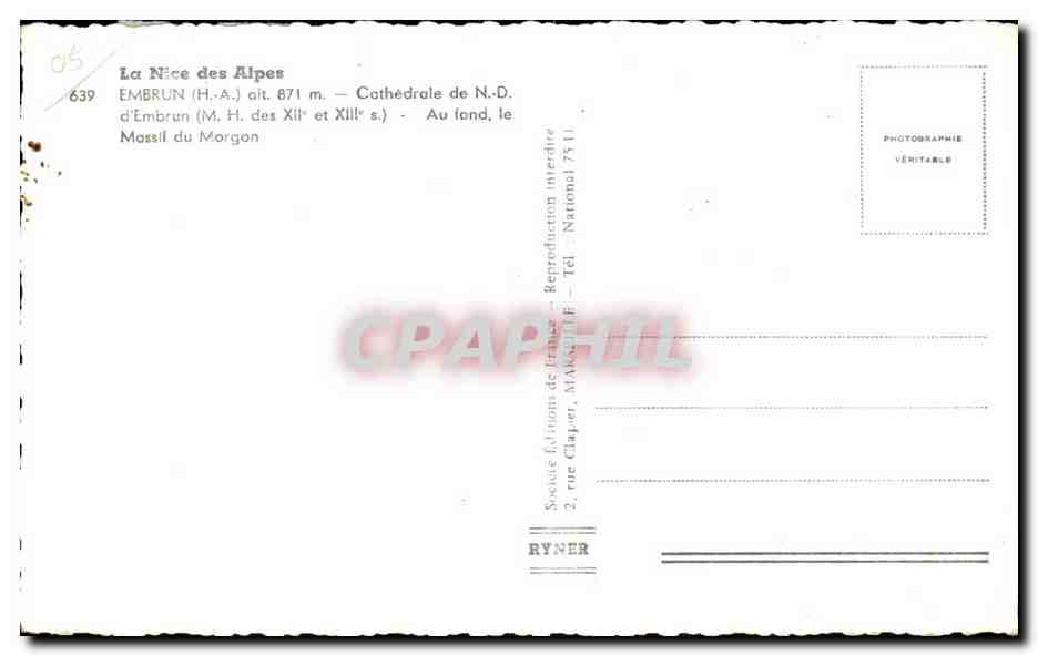 Embrun — Cathédrale de N.D. — Massif du Morgon en arrière-plan — Société Édition de France, n° 639 — Rückseite