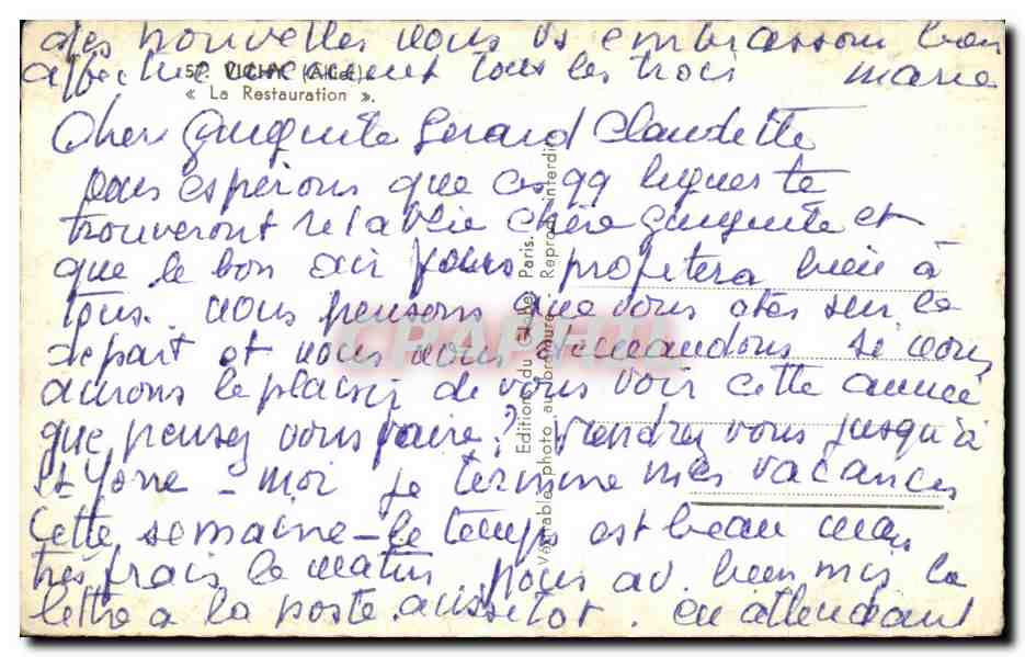 CPA Vichy La Restaration — Verso