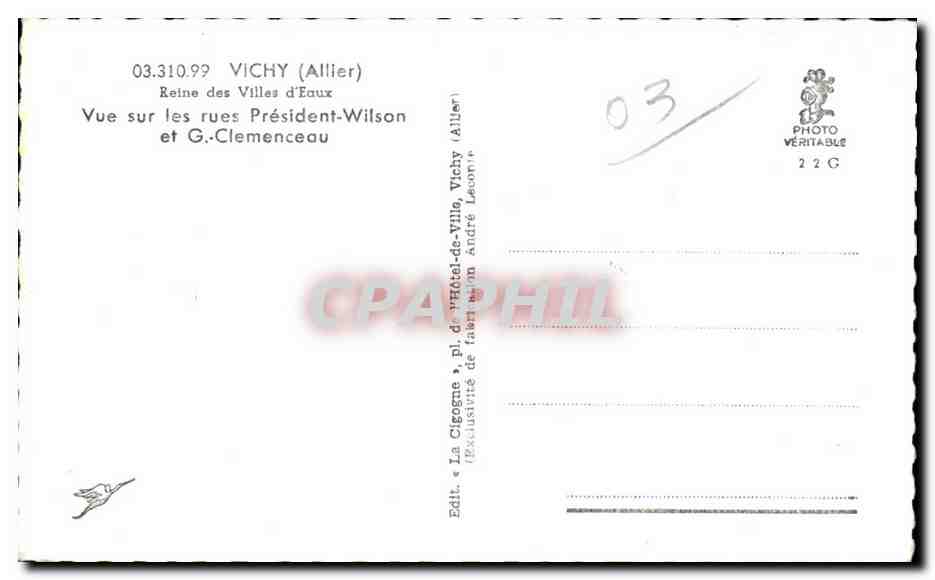 CPA Vichy Allier Reine des Villes d eaux Vue sur les rues President Wilson — Verso