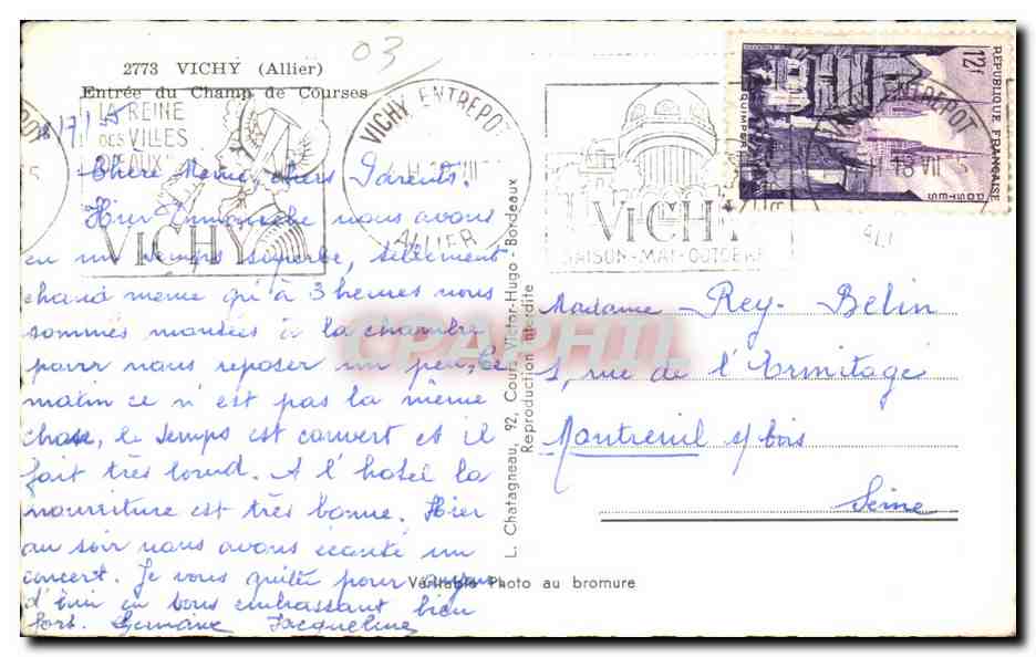 CPA Vichy Allier Entree du Champ de Courses — Verso
