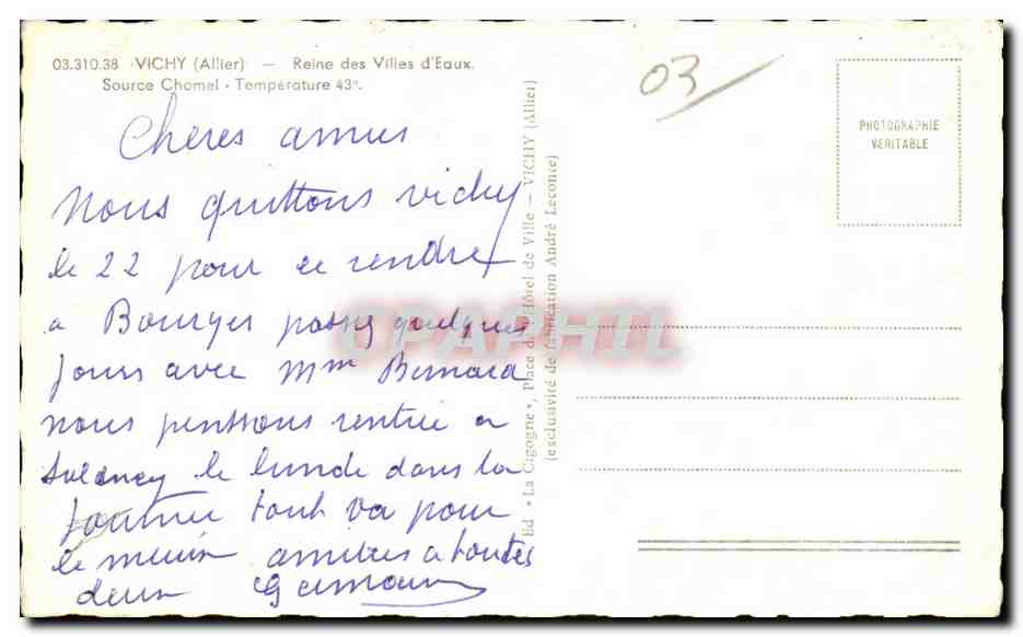 CPA Vichy ALlier Reine des Villes d Eaux Source Chomel — Verso