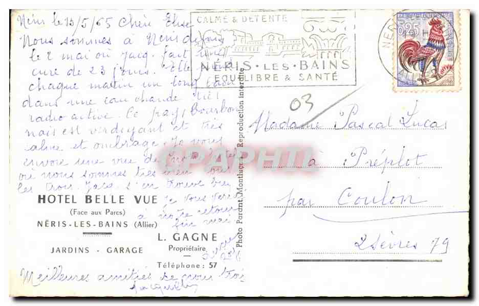 CPA Neris Les Bains Allier Hotel Belle Vuie — Verso