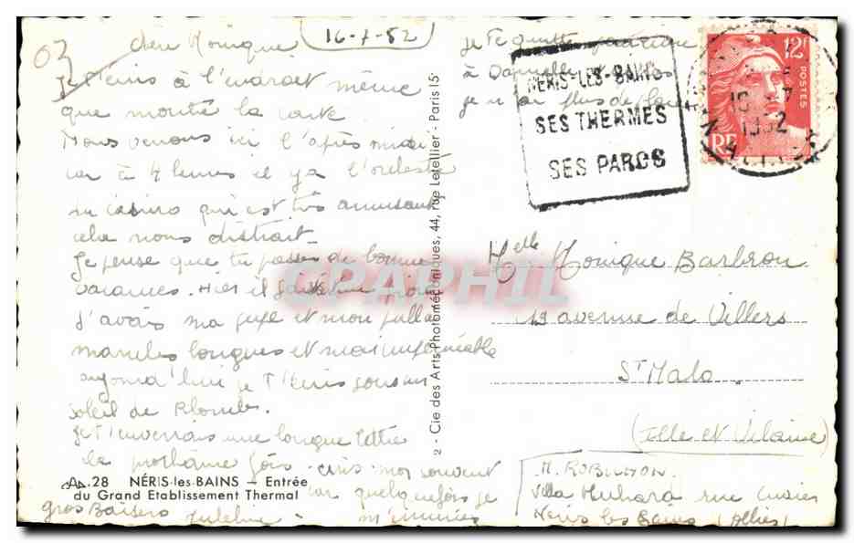 CPA Neris Les Bains Entree du Grand Etablissement Thermal — Verso