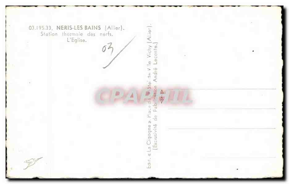 Église de Néris-les-Bains — La Cigogne — Éditeur André Leconte — Verso
