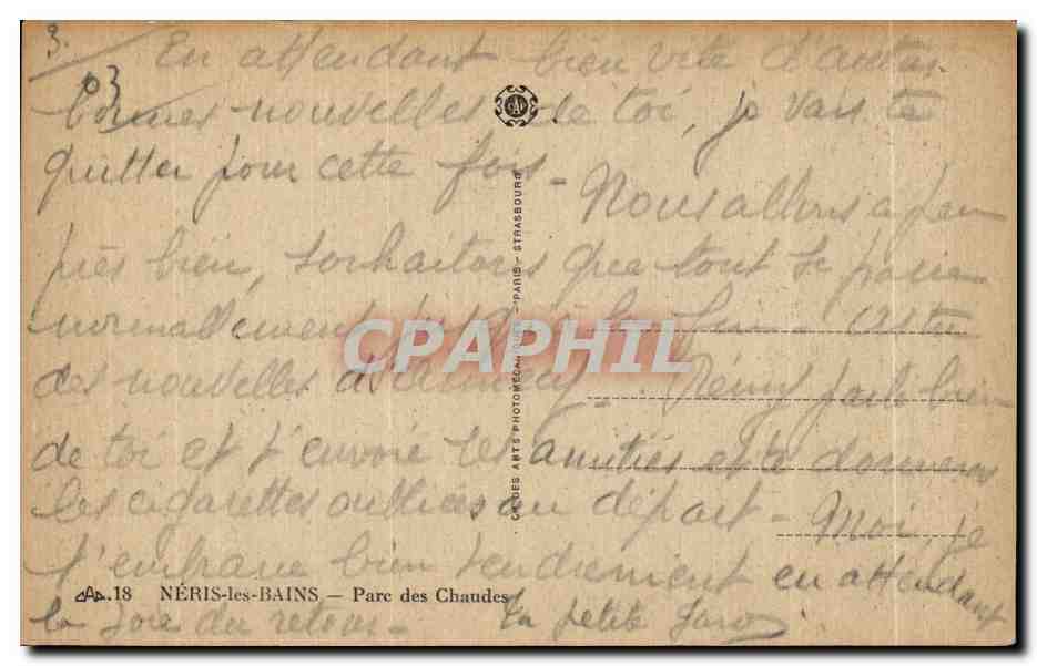 CPA Neris les Bains Parc des Chaudes — Verso