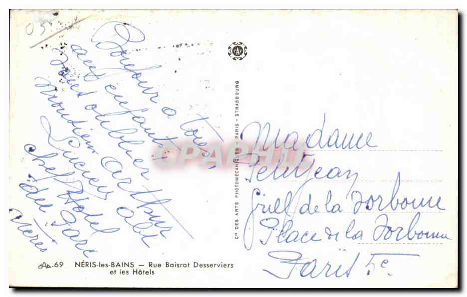 Néris-les-Bains — Rue Boisrot Desserviers et les Hôtels — Cité des Arts Photomécaniques — Verso
