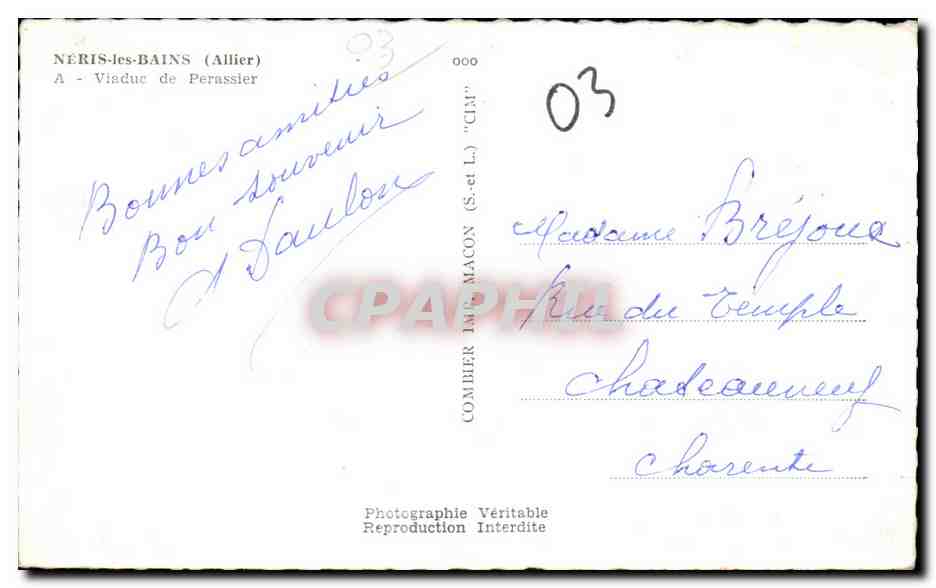 CPA Neris les Bains Allier Viaduc de Perassier Berger et ses moutons  — Verso