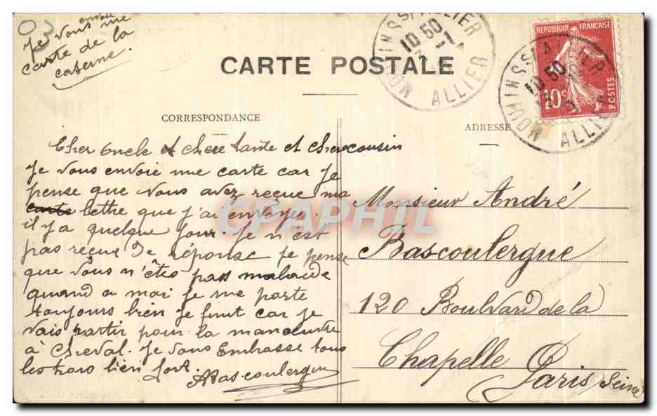 CPA Moulins Quartier de Villars Cheval Horse Militaria — Verso