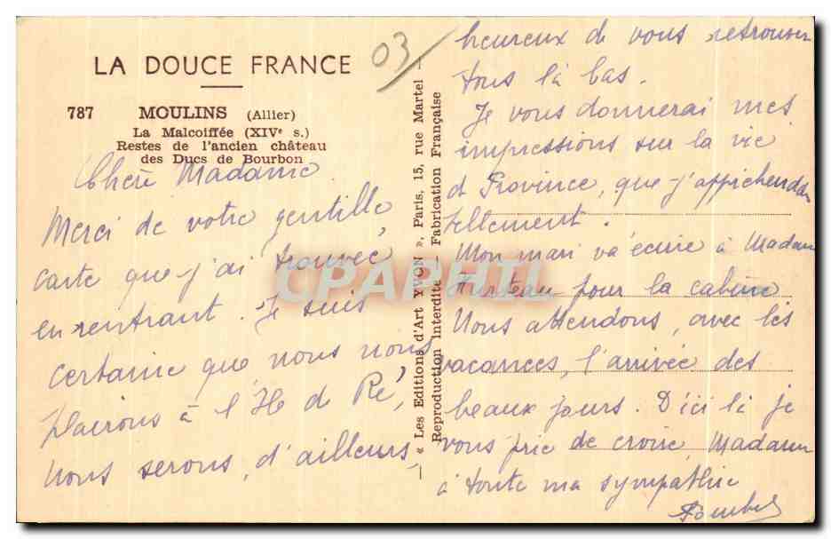 CPA Moulins La malcoifeee Restes de l ancien chateau des Ducs de Bourbon  — Verso