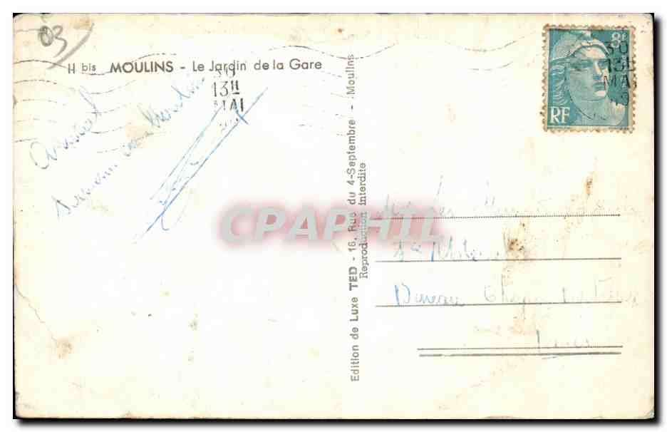 CPA Moulins Le Jardin de la Gare — Verso