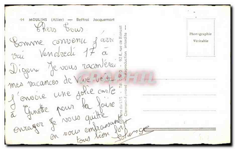 CPA Moulins Allier Beffroi Jacuemart — Verso