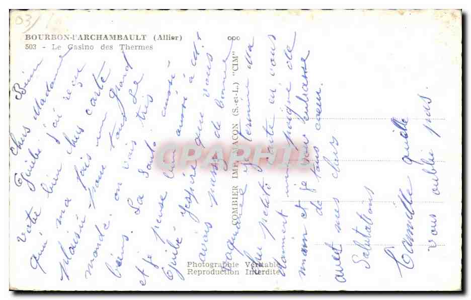 CPA Bourbon l Archambault Allier Le Casino des Thermes — Verso