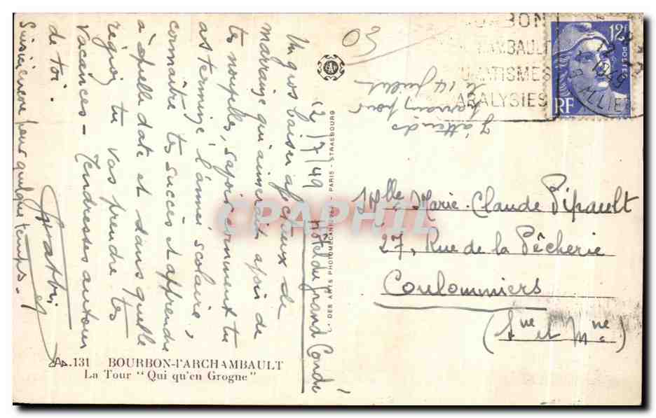 CPA Bourbon l Archambault La Tour Qui quen Grogne — Verso