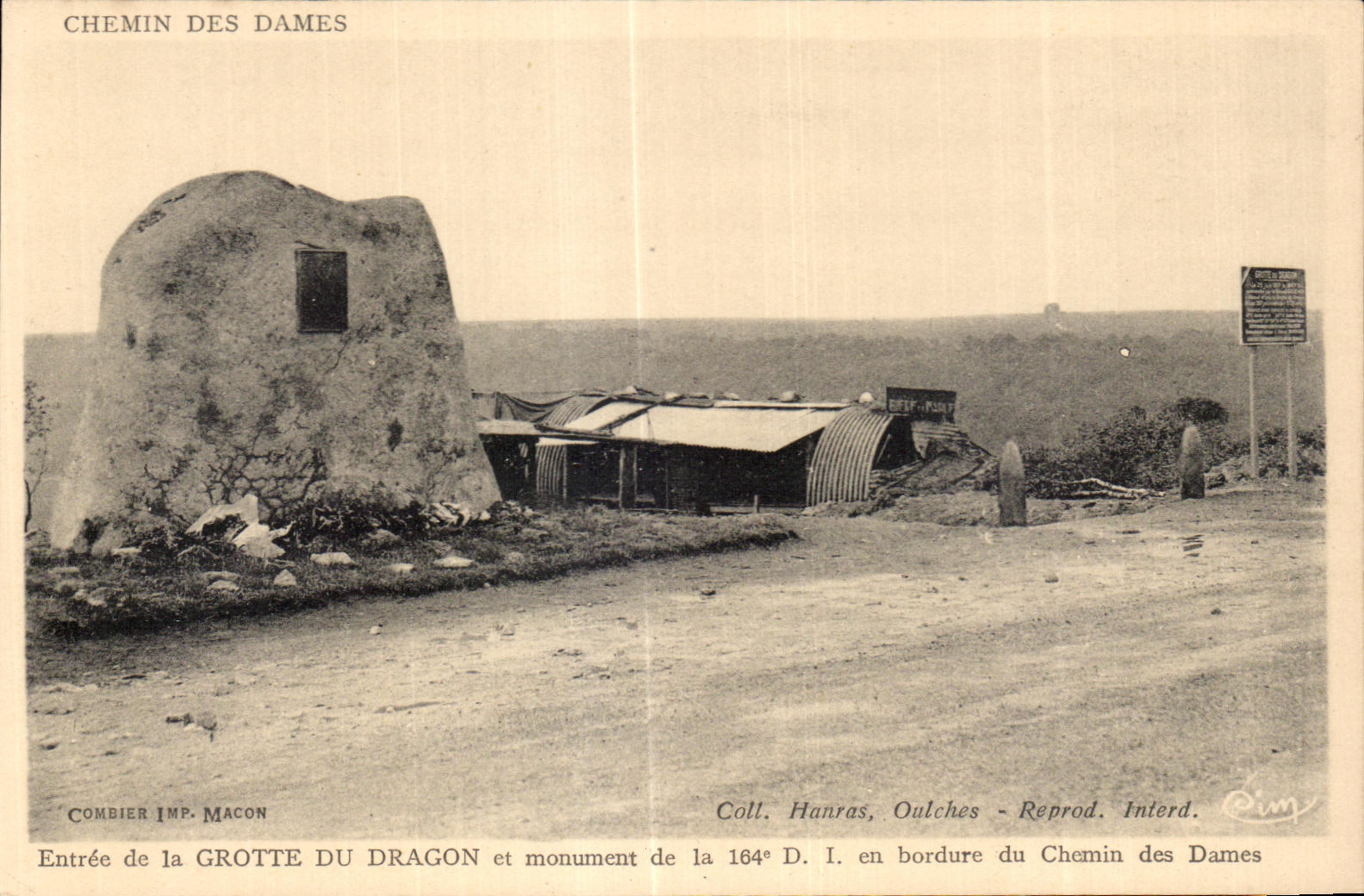 Chemin des Dames — Entrée de la Grotte du Dragon et monument de la 164e D.I. — Combier Imp. Macon