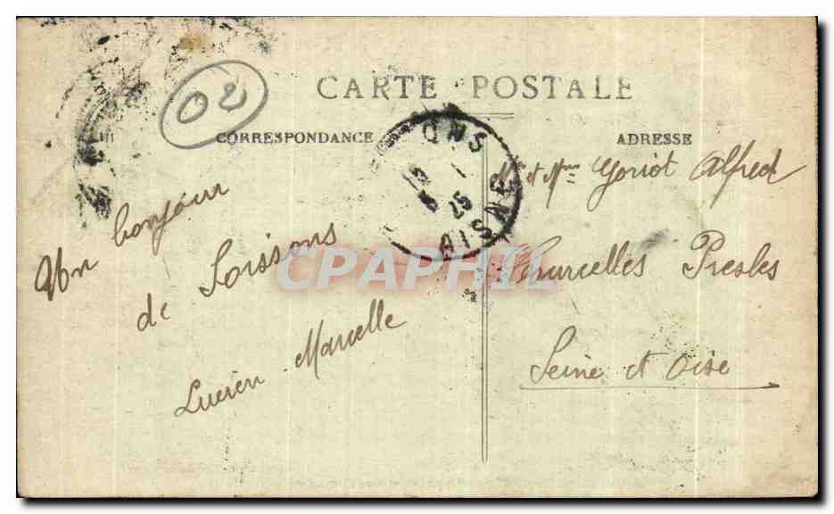 Soissons (Aisne) — Après le bombardement — Ruines dans les faubourgs — Phot. Marcel Delhoy, Bordeaux — Verso