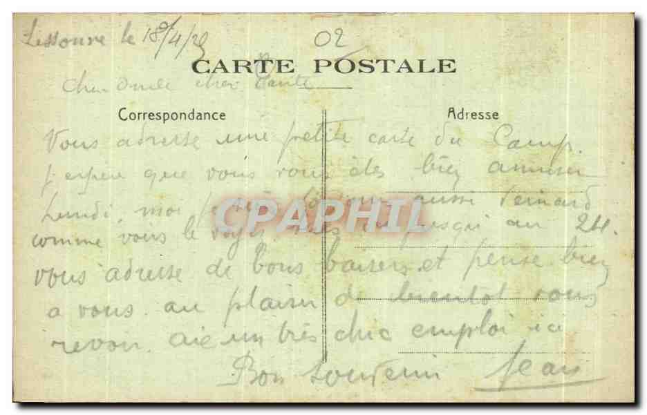 Camp de SISSONNE (Aisne) — Vue d'ensemble prise à bord d'aéroplane — Bouclain-Parruite, édit., Sissonne (Aisne) — Verso