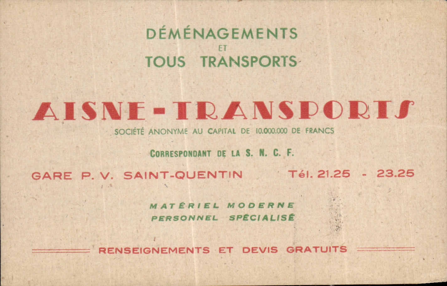 Carte de Visite Demenagements Aisne Transports Gare de Saint Quentin 
