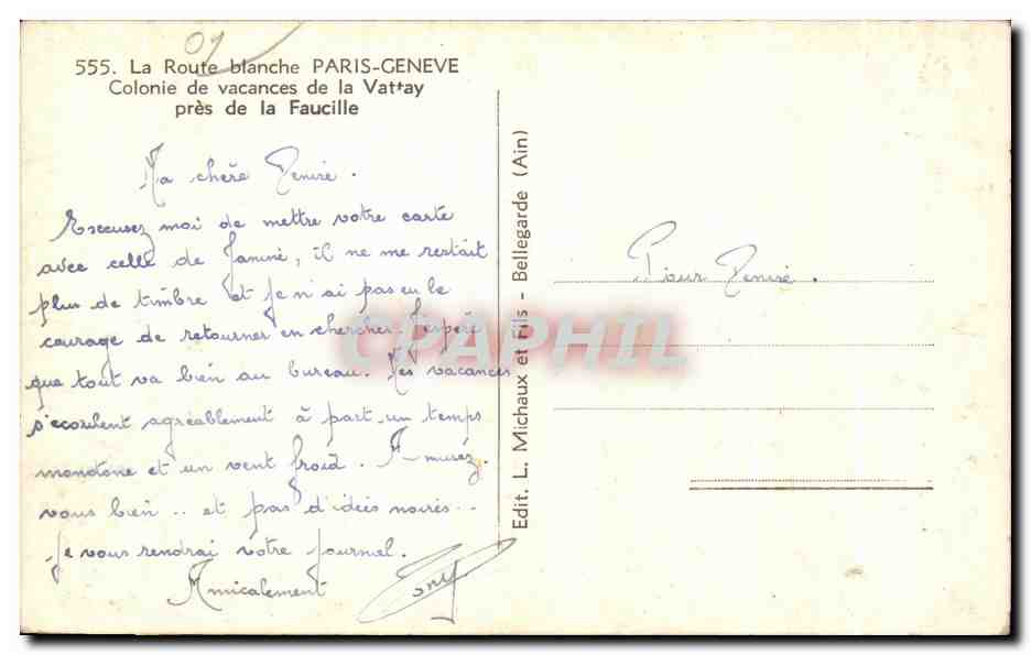 CPA La Route blanche Paris Geneve Colonie de vacances de la Vattay pres de la Faucille — Rückseite