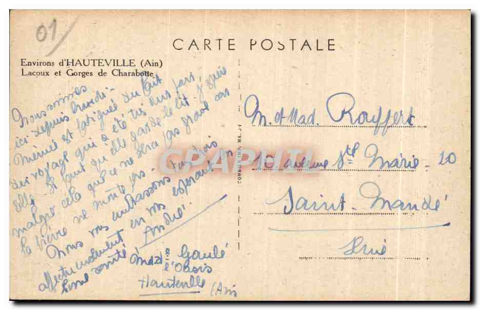 CPA Environs d Hauteville Lacoux et Gorges de Charabotte — Rückseite