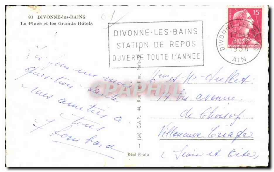 CPA Divenne les Bains La Place et les Grands Hotel — Back
