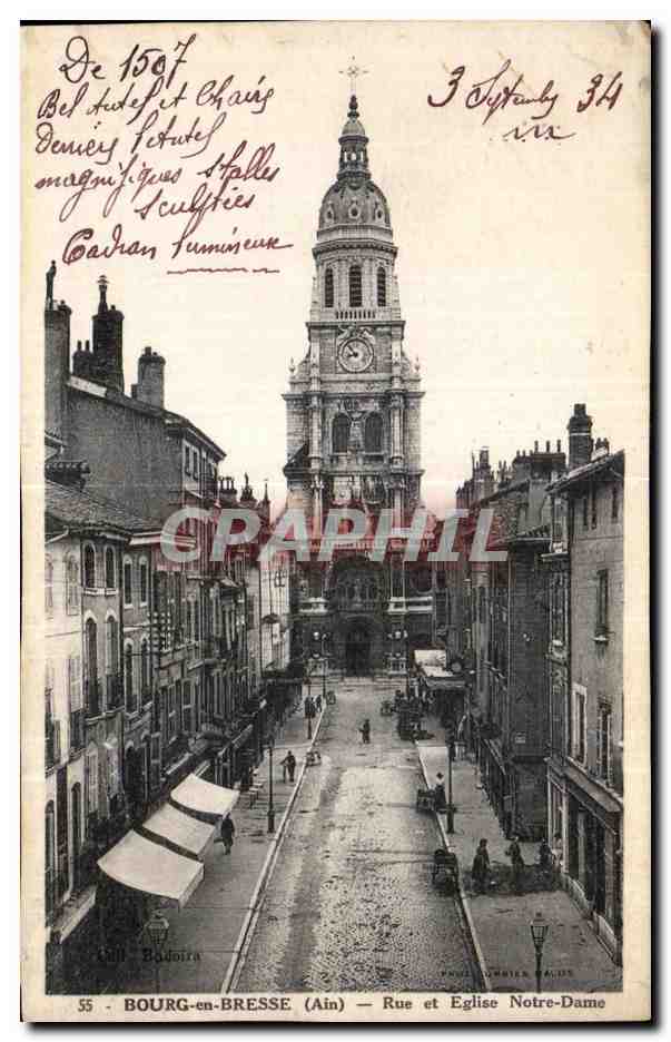 CPA Bourg en Bresse Ain Rue et Eglise Notre Dame