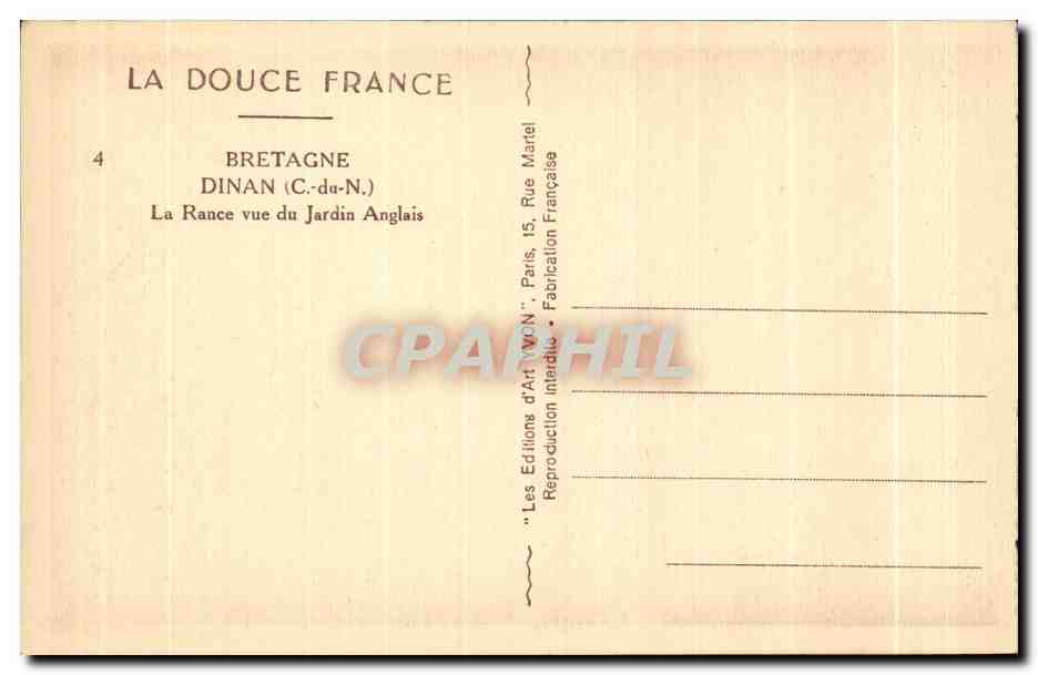 La Rance vue du Jardin Anglais — Bretagne — Éditions d'Art 'WON' Paris — Back