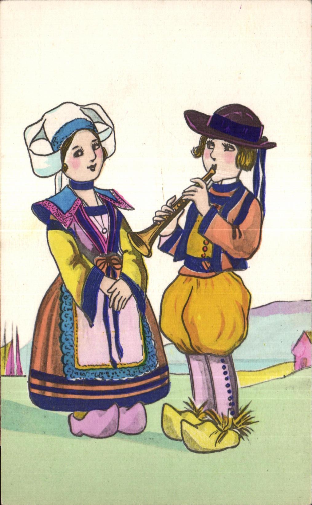 CPA Bretagne Folklore Costume Coiffe Musique 