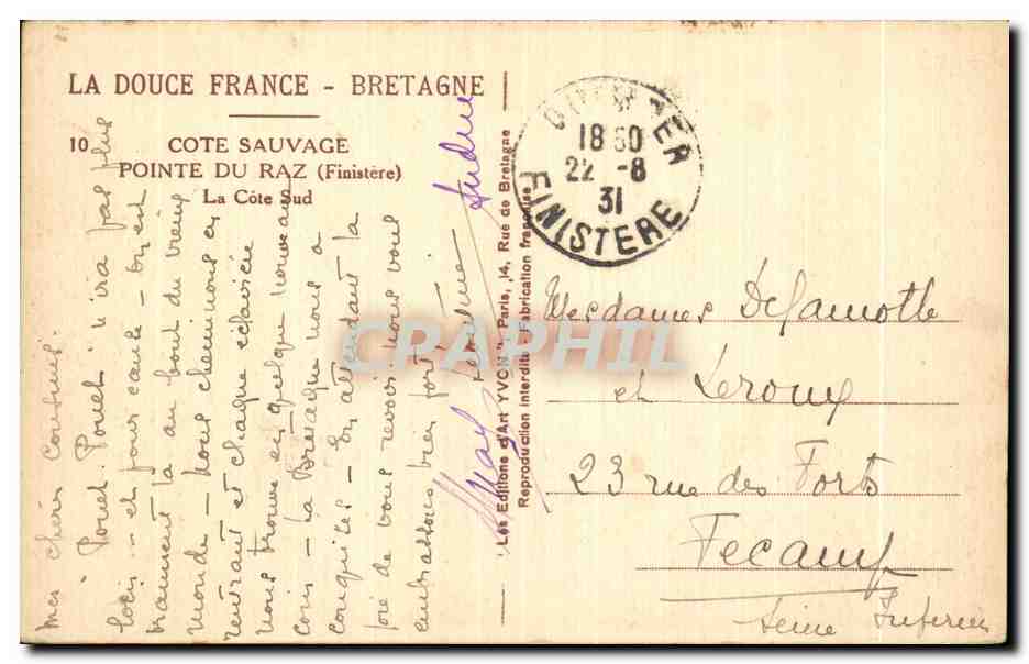 Pointe du Raz — Côte sauvage — Les Éditions d'Art YVC, Paris, n°10 — Reverso