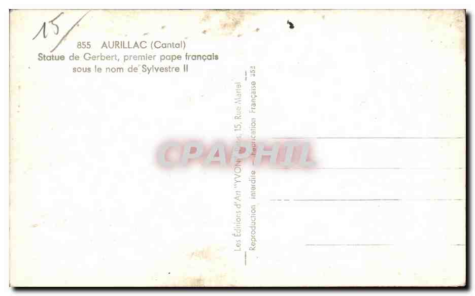 CPA Aurillac Staue de Gerbert premier pape francais sous le nom de Sylyestre II — Verso