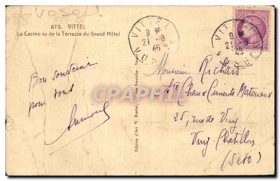 CPA Vittel Le Casino vu de La terrasse du Grand Hotel — Rückseite