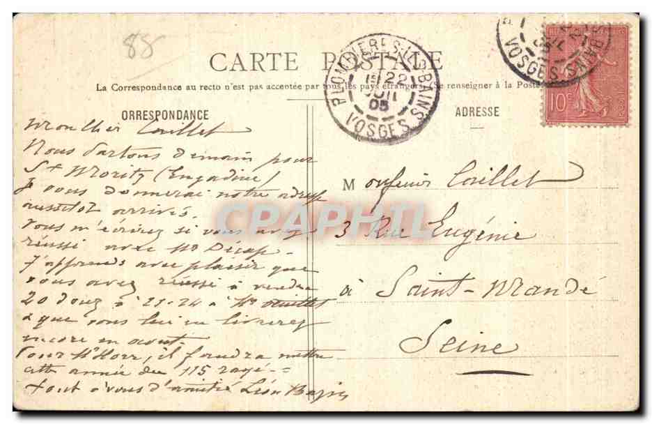 CPA Plombieres Les Bains Le Monument Francais — Verso