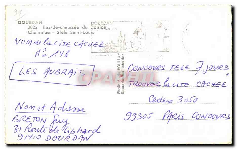 CPA Dourdan Rez de Chaussee du Donjon Cheminee Stele Saint Loius — Rückseite