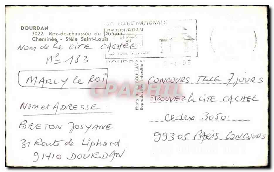 CPA Dourdan Rez de Cheussee du Donjon Cheminee Stele Saint Louis — Rückseite