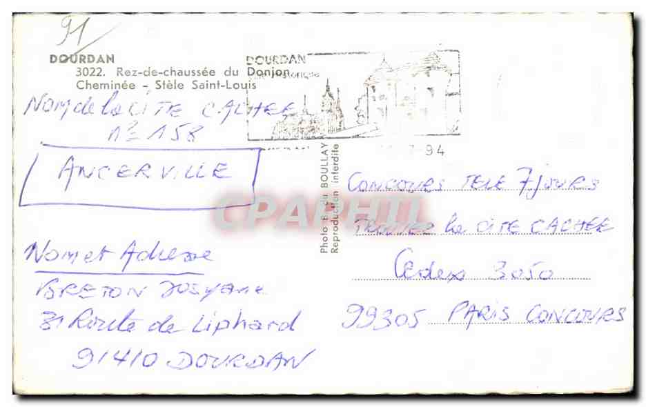 CPA Dourdan Rez de Cheussee du Donjon Cheminee Stele Saint Loius — Rückseite