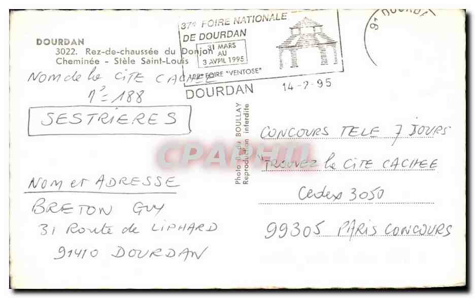 CPA Dourdan Rez de Chaussee du Donjon Cheminee Stele Loius  — Rückseite