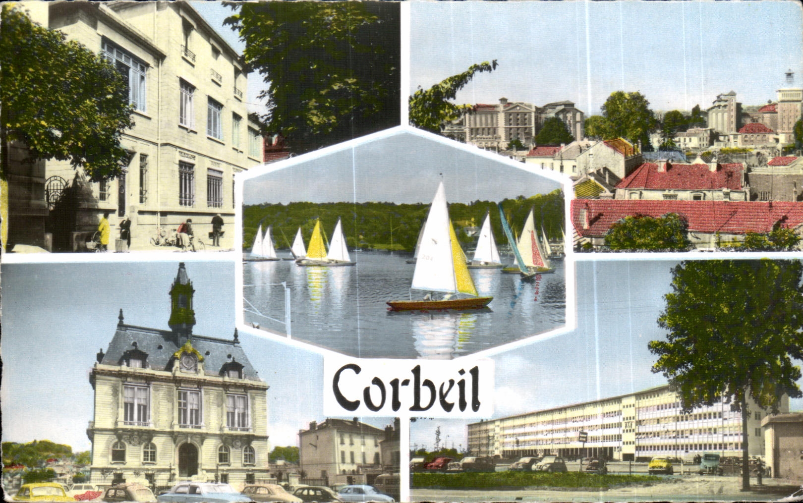 CPA Images de France Corbeil Essonnes La poste Vue generale Regates L hotel de ville Le lycee