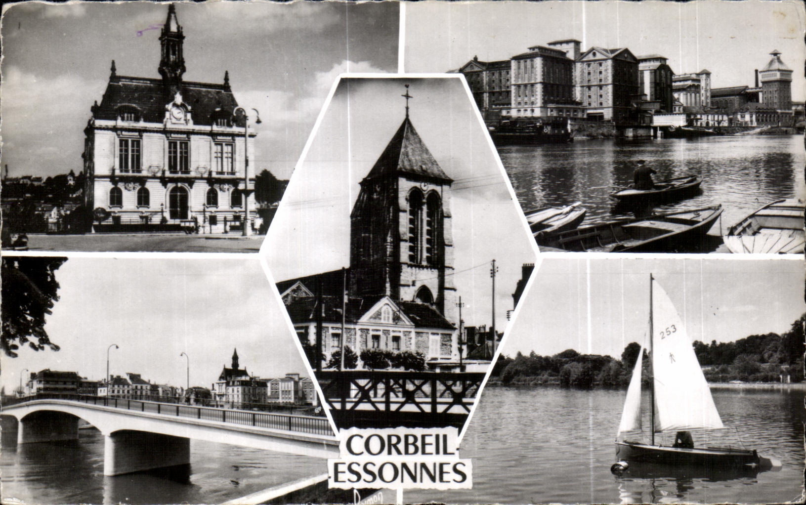 CPA Images de France La mairie Les grands moulins L eglise Le pont Voilier sur la Seine