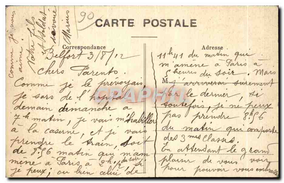 CPA Belfort Caserne Friedrichs occupee par le 35 Regiment d Infanterie de Ligne Militaria  — Verso