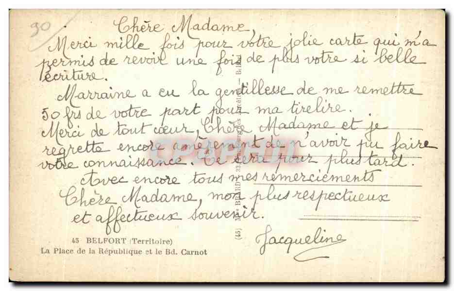 CPA Belfort(Territoire) la Place de la Republique et le Bd Carnot — Verso
