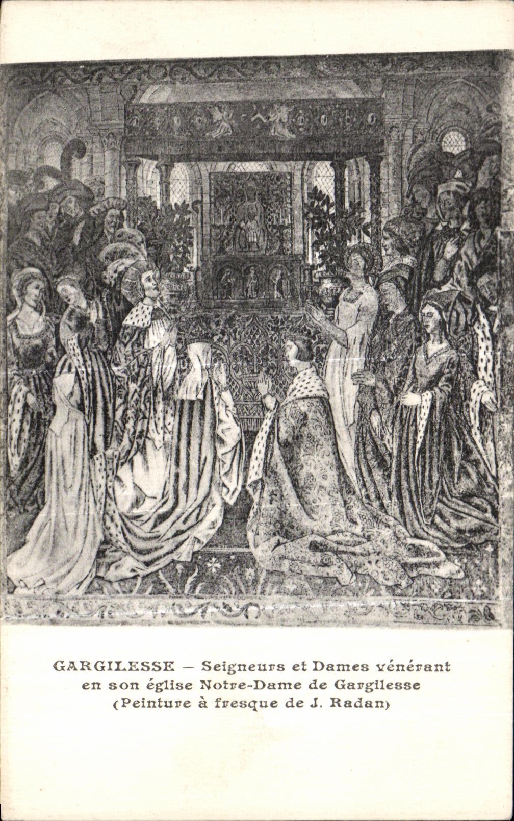 Gargilesse — Seigneurs et Dames vénérant en son église Notre-Dame de Gargilesse — Peinture à fresque de J. Radan