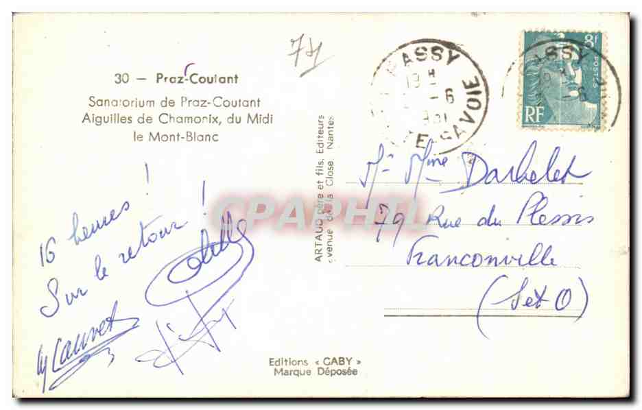 Praz-Couiant — Sanatorium de Chamonix, du Midi le Mont-Blanc — Éditions Gaby — Rückseite