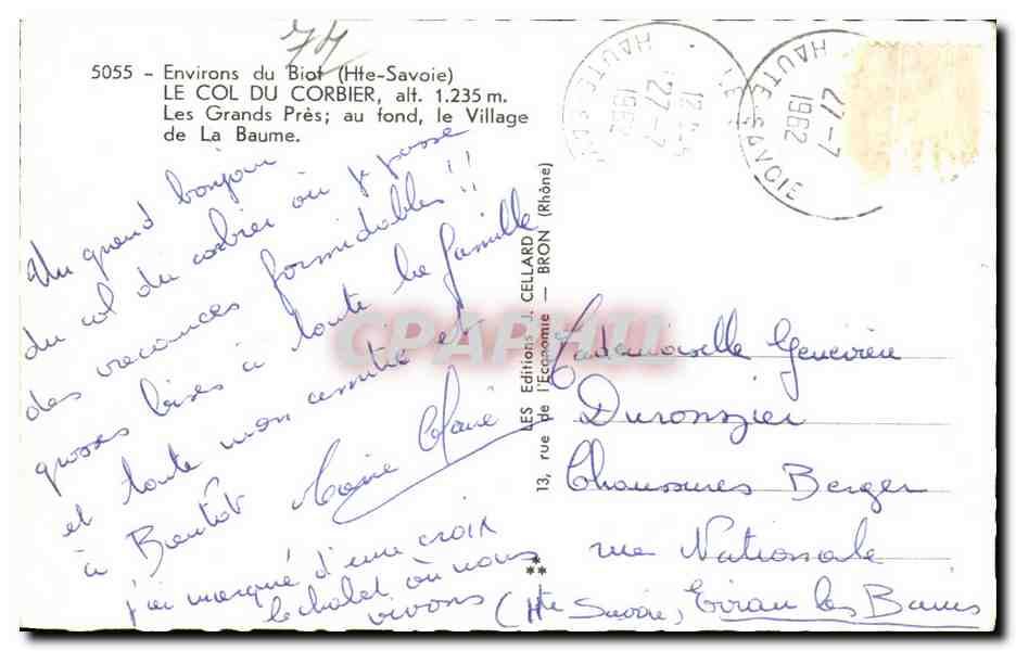 Les Grands Prés — Le Col du Corbier, au fond, le Village de La Baume — Les Éditions J. Cellard — n° 5055 — Reverso