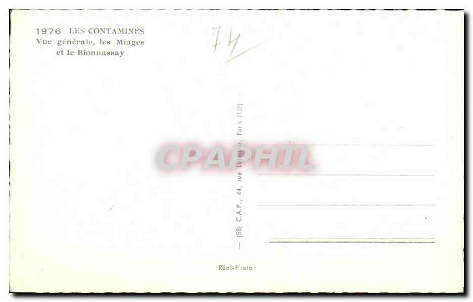 Les Contamines — Vue générale, les Miages et le Bionnassay — C.A.P., Paris — Verso