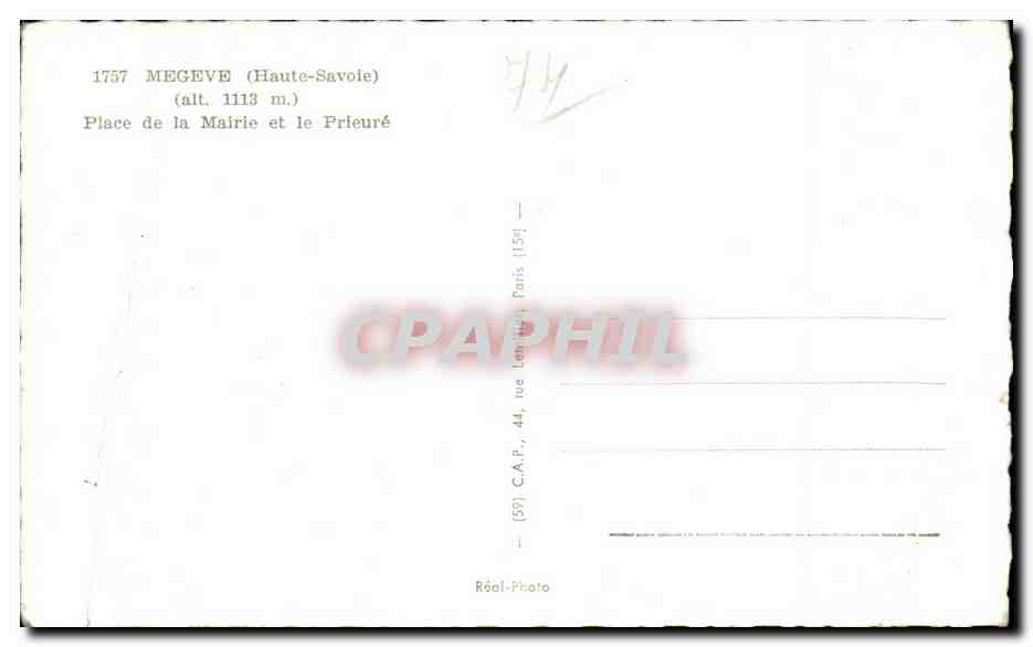 Tarjeta postal antigua Plaza del Ayuntamiento y el Priorato en Megeve — Reverso