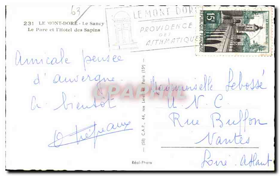 CPA Le Mont Dore Le Saney Le Parc et L Hotel des Sapins — Verso