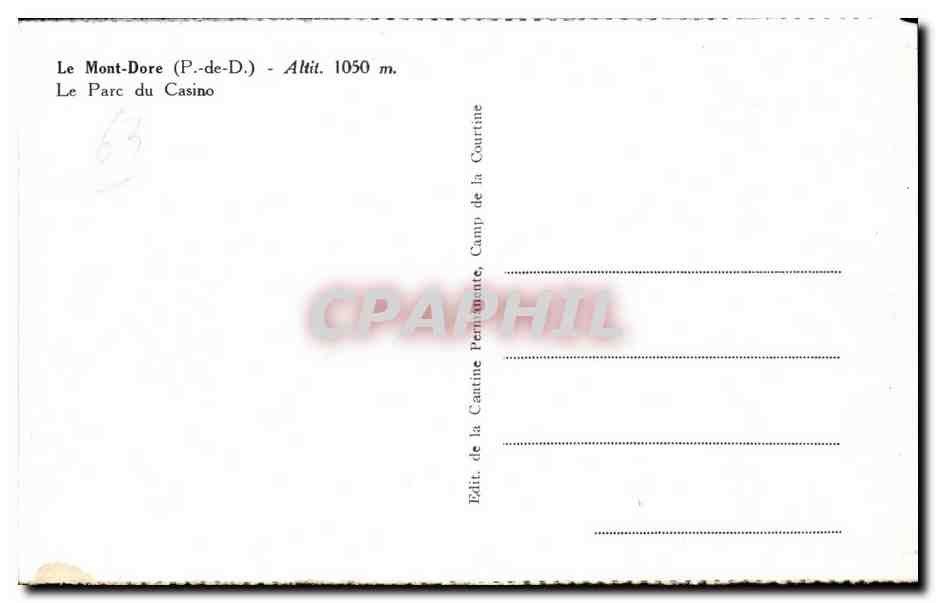 CPA Le Mont Dore Le Parc du Casino — Verso