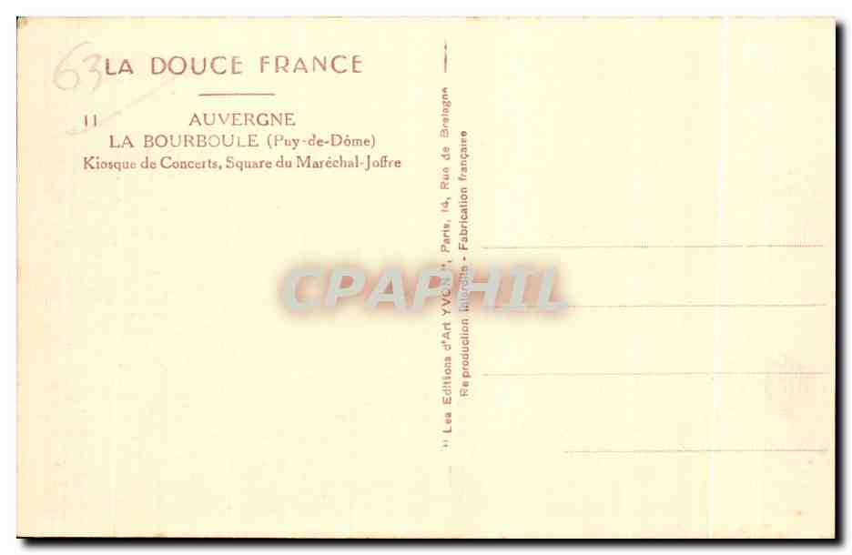 CPA La Bourboule kiosque de concerts Square du Marechal Joffre — Rückseite