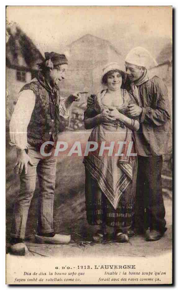 Deux hommes et une femme en costume d'Auvergne — scène humoristique — G. D'O., 1913