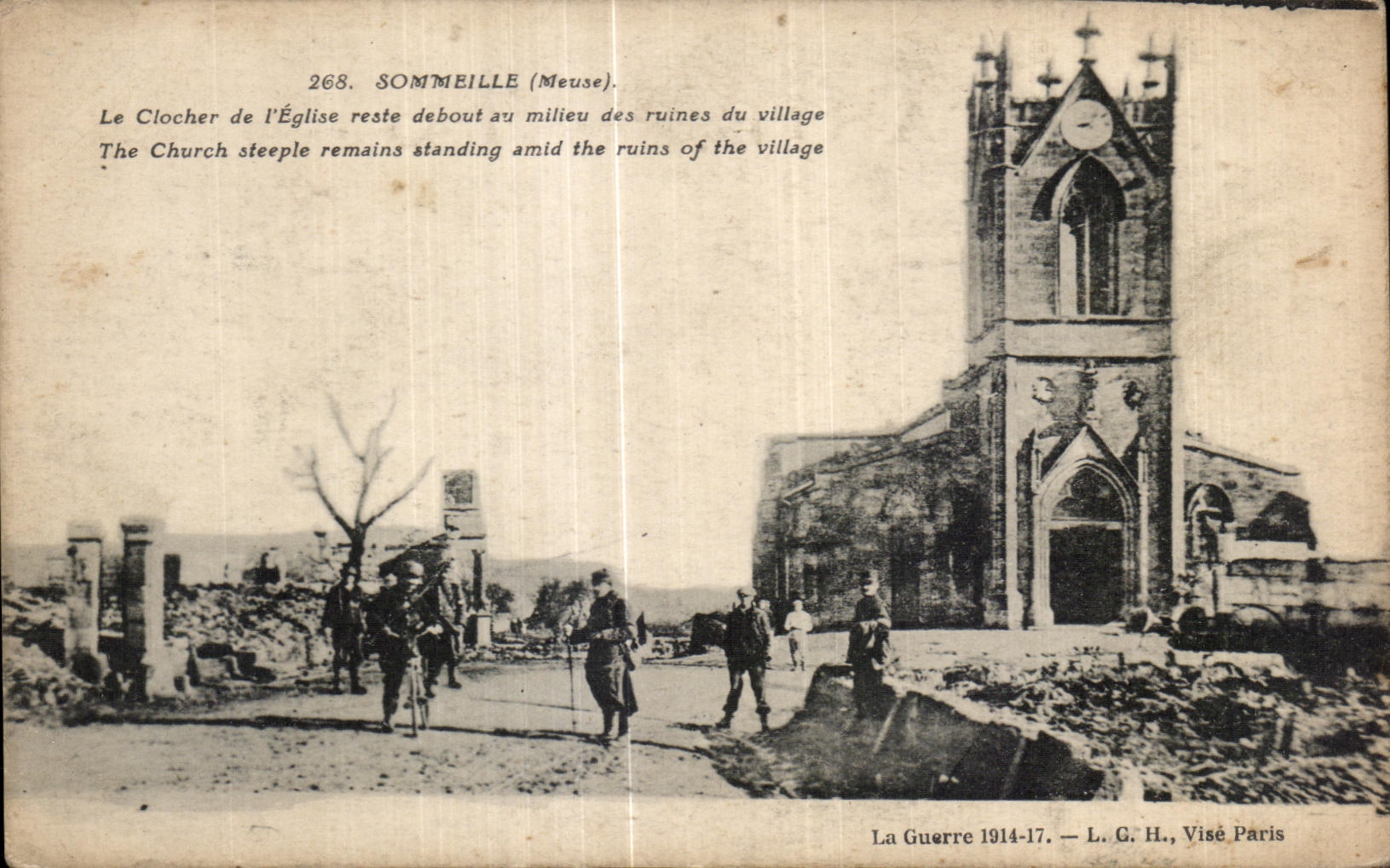SOMMEILLE (Meuse) — Le clocher de l'église debout au milieu des ruines du village — L. G. H., Visé Paris